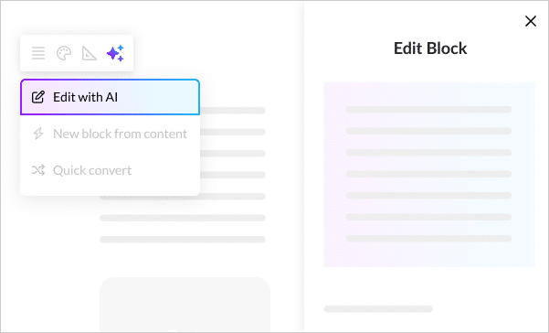 Screengrab of the product user interface while editing an authoring block. A dropdown menu titled “AI Block Tools” is open, with the option “Edit with AI,” highlighted