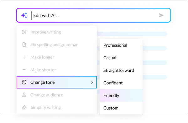 Screengrab of the product user interface while editing an authoring block. The main input field reads, “Edit with AI.” Below are editing options including, “Improve writing,” “Fix spelling and grammar,” “Make longer,” “Make shorter,” “Change tone,” “Change audience,” and “Simplify writing.” The “Change tone” option is expanded, showing the following tone-choice  options: professional, casual, straightforward, confident, friendly, and custom.