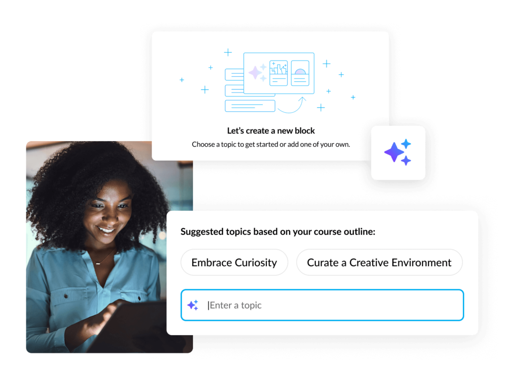 
A person generates a block based on their course outline using AI. It suggests two topics: Embrace Curiosity or Curate a Creative Environment.
