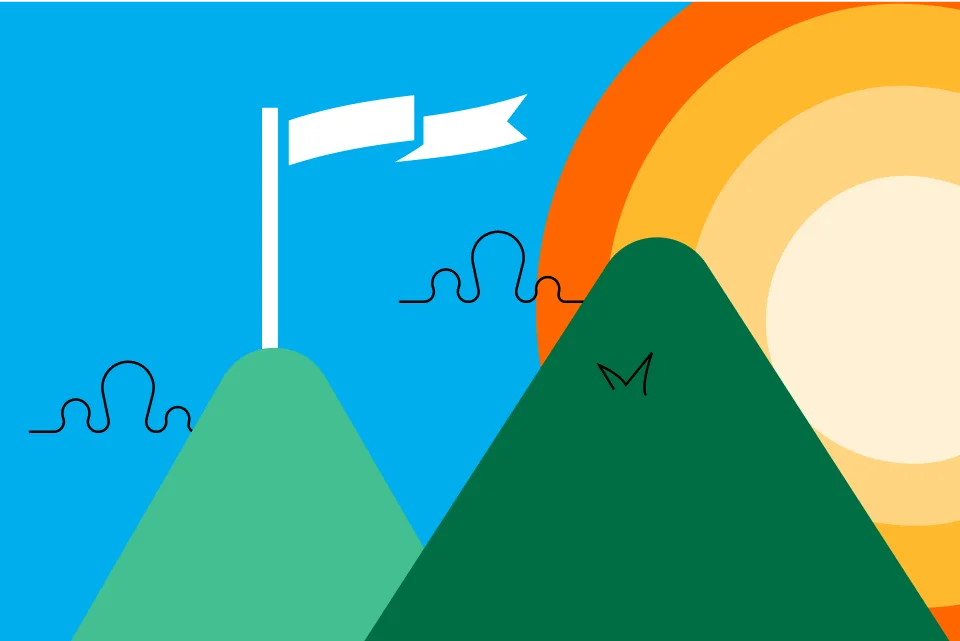 Illustration of a sunrise over green mountains. One mountain peak is marked with a waving flag.