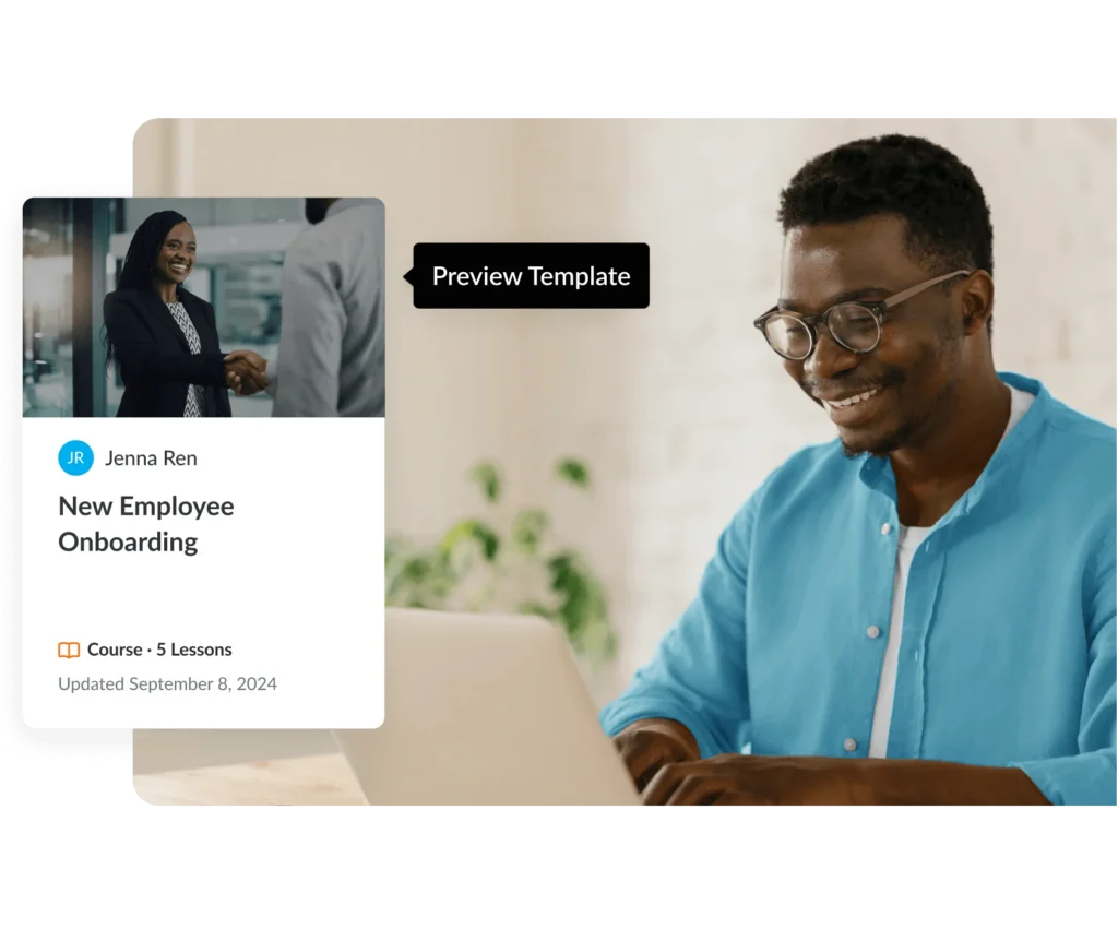 A person using a prebuilt, editable course template in Articulate 360 to create a New Employee Onboarding course with five lessons.