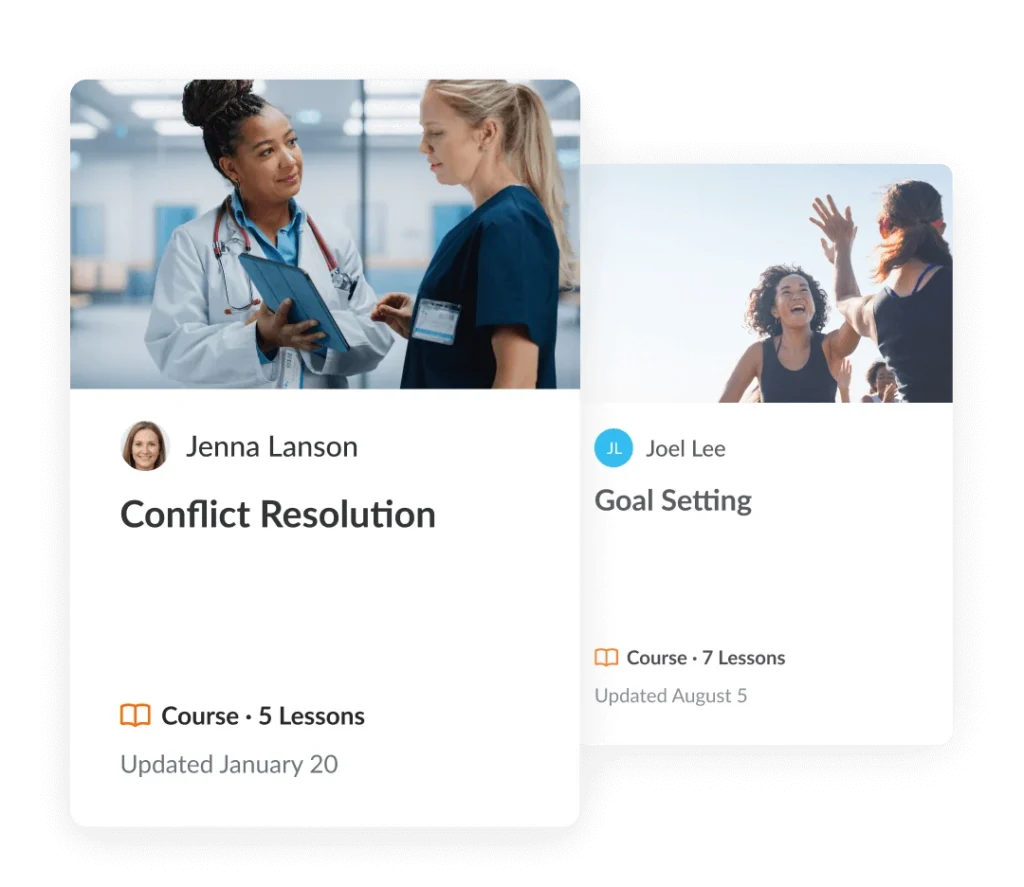 Two prebuilt, editable course templates in Articulate 360. One is on Conflict Resolution, which has five lessons, and one is on Goal Setting, which has seven lessons.