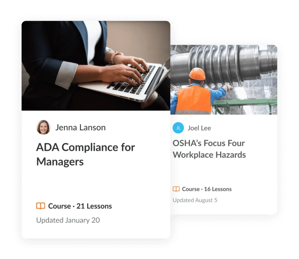 Two prebuilt, editable course templates in Articulate 360. One is on ADA Complaince for Managers, which has 21 lessons, and one is on OSHA’s Focus Four Workplace Hazards, which has 16 lessons.