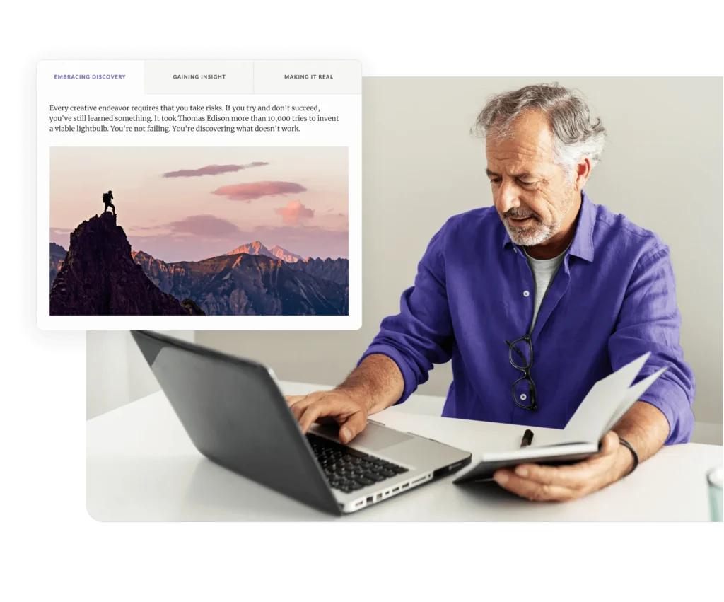 Customer taking training on a laptop, featuring a Tab interaction with three tabs. The first tab is selected, showing filler text and an image of a person on a mountain peak. 