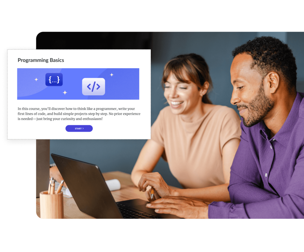 Two employees engaging with a technical training course on a laptop. The course is titled "Programming Basics," with the introductory text: “In this course, you’ll discover how to think like a programmer, write your first lines of code, and build simple projects step by step. No prior experience is needed—just bring your curiosity and enthusiasm!” A clickable “Start” button rests below the introduction.