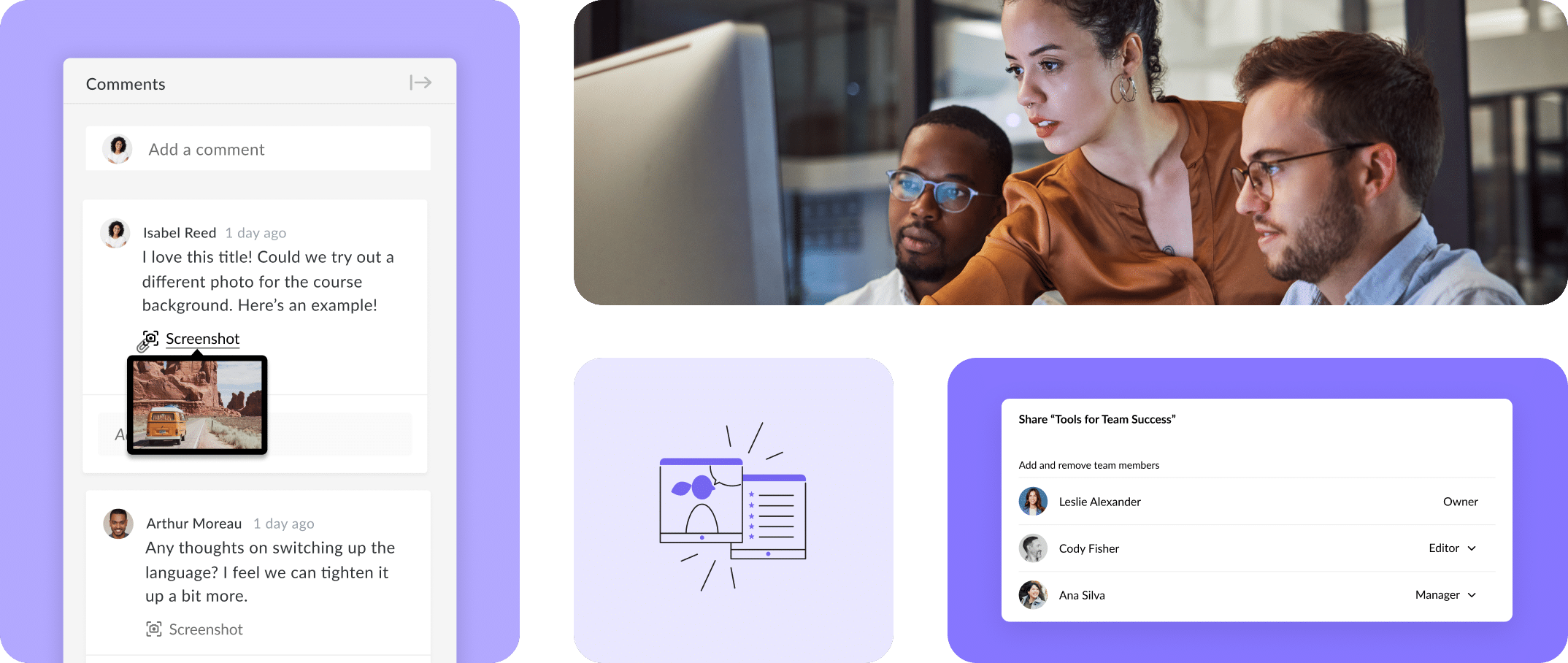 Course designers review comment threads on a course next to the access rights interface with three options: course owner, manager, and editor.