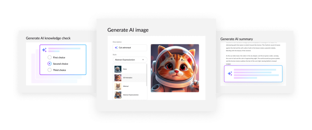 AI Assistant interface showing 3 different options: generate a knowledge check, generate AI image, and generate AI summary.