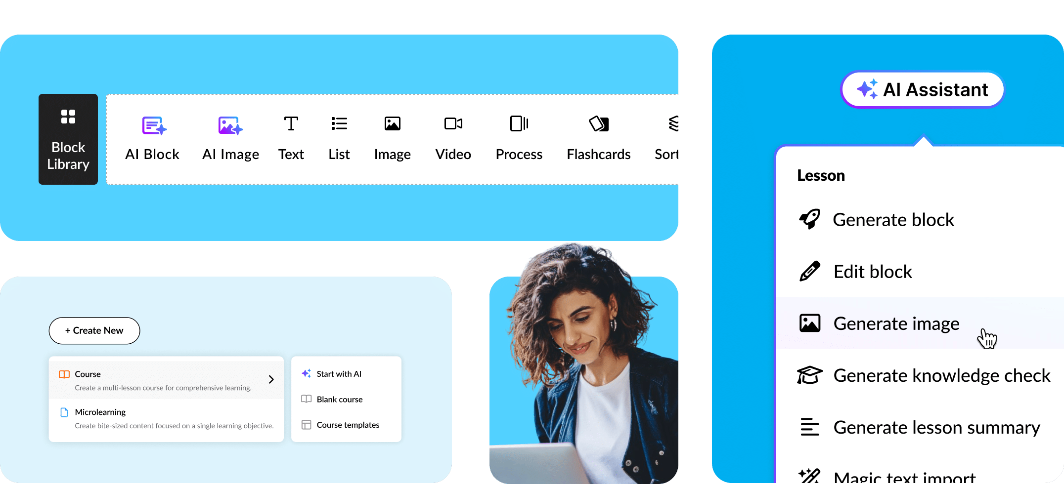 A person choosing from the AI Assistant menu options in Rise: generate and edit block, generate image, generate knowledge check, generate lesson.