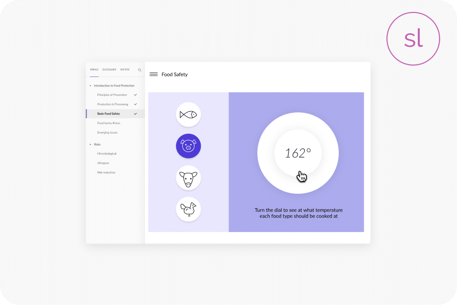 A Storyline course on Food Safety with a dial interaction that prompts learners to select the correct temperature for each food type.
