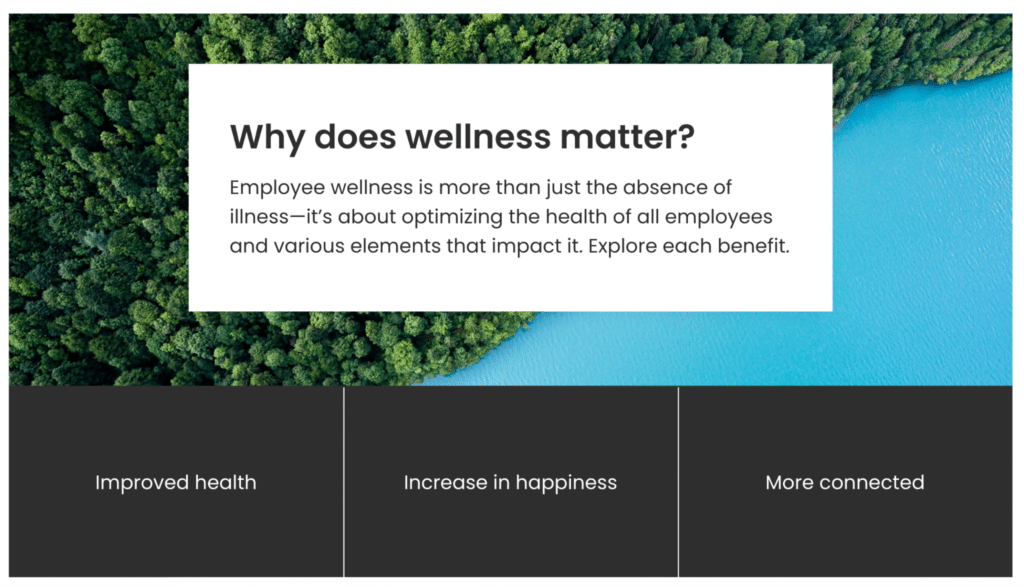 A main menu screen prompts learners with 'Why does wellness matter?' A brief description explains that employee wellness goes beyond the absence of illness to optimizing overall health. Learners can explore three benefits—improved health, increased happiness, and stronger connections—in any order, clicking to reveal more details on each topic.